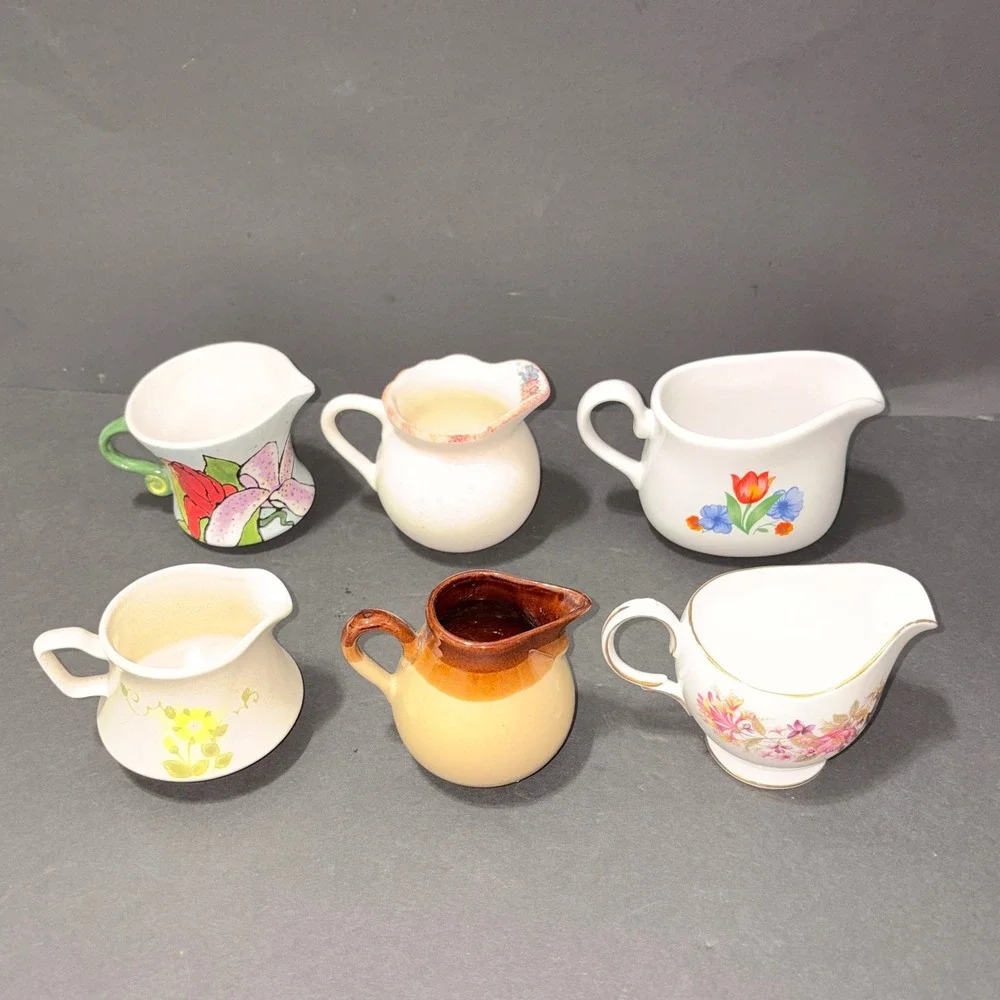 Vtg Assorted Creamer Mini Pitcher Lot Floral Stoneware Ceramic 6 Pc Collection